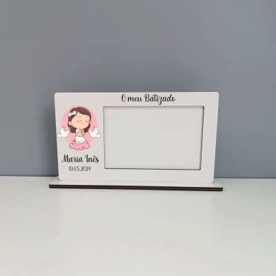 Porta-retrato branco personalizado para batizado com nome e data