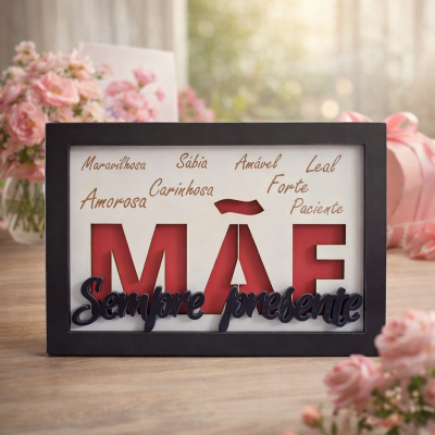 quadro decorativo com a palavra MÃE em vermelho e palavras em castanho e preto com flores cor-de-rosa ao redor