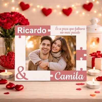 Moldura de foto personalizada com peças de puzzle e texto romântico rodeada por decoração de velas, corações e flores