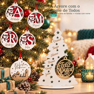 Pack &Aacute;rvore da Fam&iacute;lia: pinheiro com nomes e bolas de Natal personalizadas