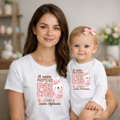 Mãe e bebé com t-shirts brancas com coelhinho e texto festa Páscoa