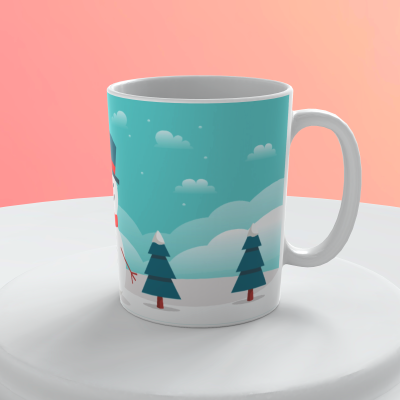 Caneca branca com padrão de inverno e boneco de neve em fundo azul