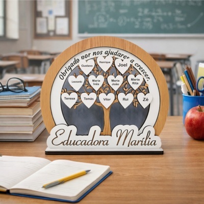 Plaqueta de madeira com mensagem personalizada para educadora