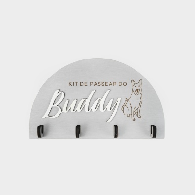 Suporte de parede cinzento com ganchos e texto KIT DE PASSEAR DO Buddy com desenho de cão