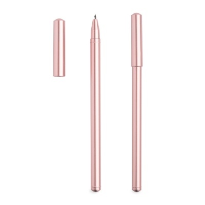 Caneta metálica rose gold com ponta fina e tampa