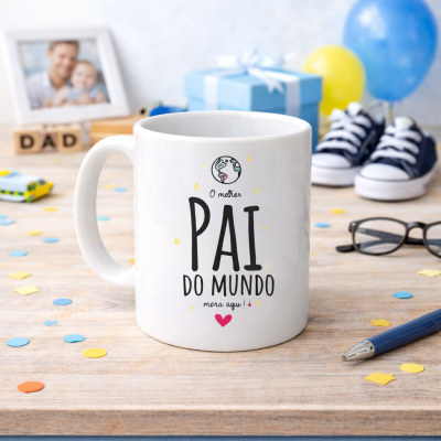 Caneca branca com texto O melhor PAI DO MUNDO mora aqui! numa mesa com objetos de decoração para bebé e festa