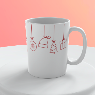 Caneca branca com ilustrações vermelhas de Natal penduradas
