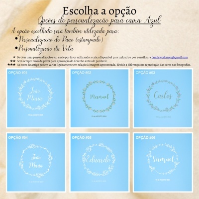 Opções de personalização para caixas azul com etiquetas azuis decoradas com nome e datas