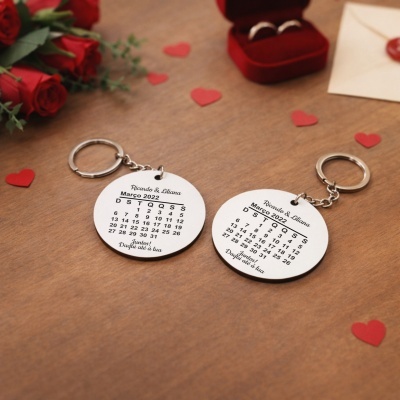 Porta-chaves redondos com calendário e nomes, rosa vermelha, caixa de veludo vermelho com anel e envelope com selo.