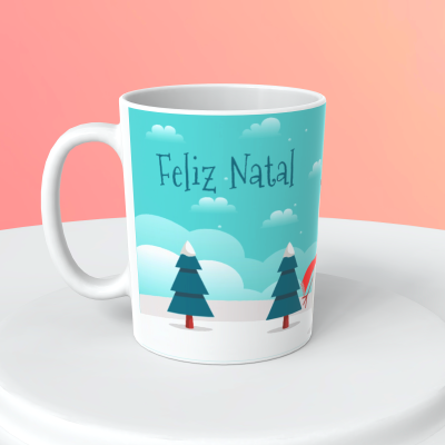 Caneca branca com design azul de Natal e texto Feliz Natal