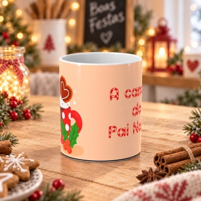 Caneca natalícia de cerâmica com boneco de gengibre e texto em fundo laranja claro num ambiente festivo