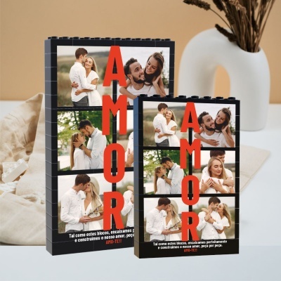 Caixas de blocos de construção com fotos de casal e texto em português sobre amor