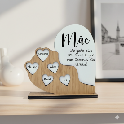 Expositor decorativo em madeira e vidro com mensagem para mãe e nomes em corações