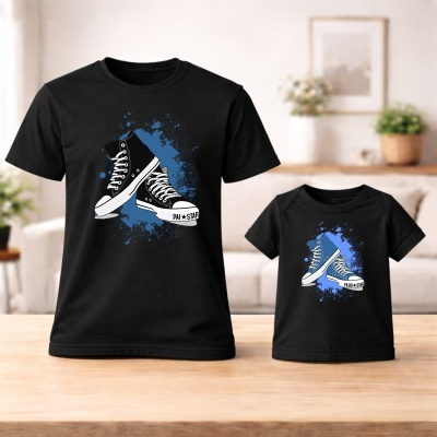 T-shirts pretas com estampas de ténis altos em dois tamanhos, maior e menor.