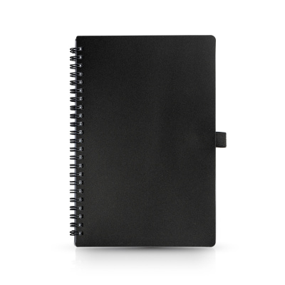 Caderno preto quadrado com espiral e suporte elástico