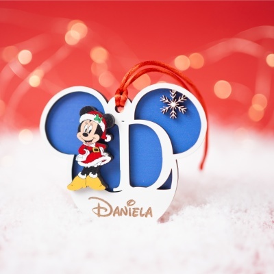 Etiqueta decorativa da Minnie com vestido de Natal e cordão vermelho