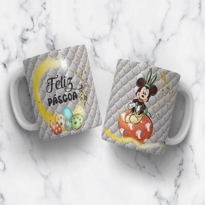 Dois copos cerâmicos com decoração de Páscoa e texto