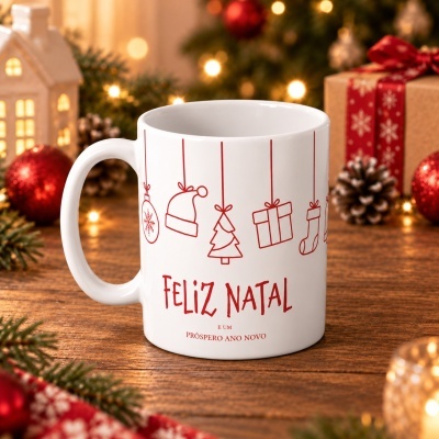 Caneca branca de cerâmica com desenhos e texto natalício em vermelho