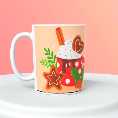 Caneca branca com decoração festiva colorida