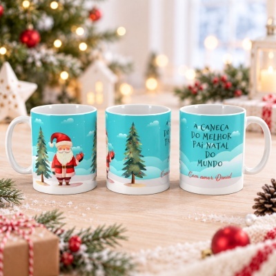 Caneca branca com desenho de Pai Natal e pinheiros e texto de Natal