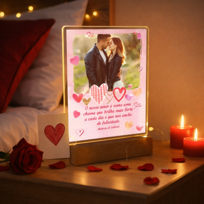 Luminária personalizada com foto de casal, texto e corações, sobre mesa com velas, pétalas e rosa