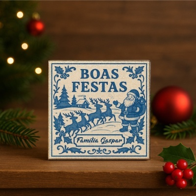 Placa decorativa de Natal com texto BOAS FESTAS e Família Gaspar em azul sobre fundo bege