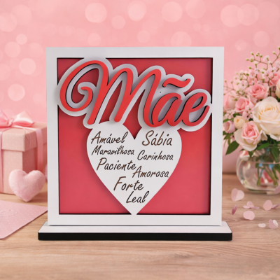 Placa decorativa com design de coração e palavras para mãe em moldura branca sobre mesa com presentes e flores