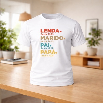 T-shirt branca com texto colorido em português numa sala com mesa de madeira e plantas
