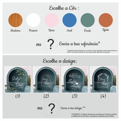 Paleta de cores e modelos de design com nomes e datas em português.