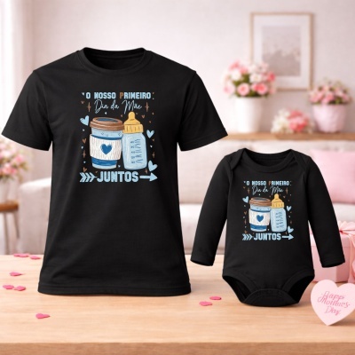 Conjunto de t-shirt e body pretos com desenho de copo de café e biberão e texto sobre o Dia da Mãe