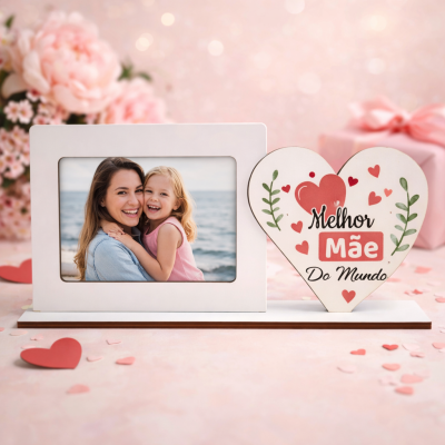 Moldura branca com foto de mãe e filha e coração decorativo com frase Melhor Mãe Do Mundo