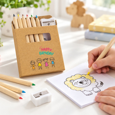 Caixa de lápis de cor reciclada com afia e desenho de crianças e escrito HAPPY BIRTHDAY