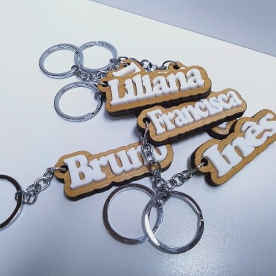 Chaveiros de madeira com nomes em relevo branco ligador a argolas metálicas prateadas.