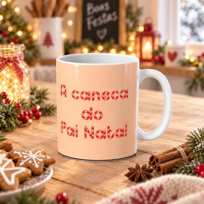 Caneca cor de pêssego com texto natalício, decorada com motivos festivos, colocada numa mesa de madeira com decoração de Natal