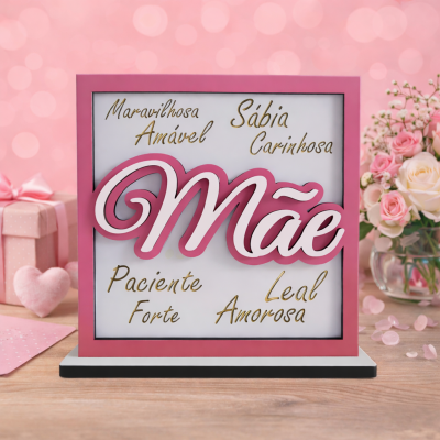 Placa decorativa rosa com palavras sobre mãe, presente rosa e flores ao fundo