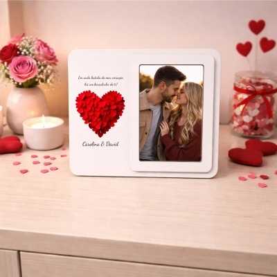 Moldura branca com fotografia de casal numa mesa com decoração de vela, flores e corações vermelhos