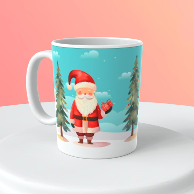 Caneca branca decorada com Pai Natal e árvores de Natal sobre fundo azul