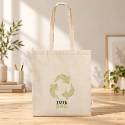 Saco tote bege com símbolo de reciclagem e texto TOTE BAG.