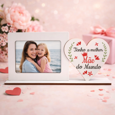 Porta-fotos branco com mensagem para Mãe e moldura com foto de mãe e filha sorrindo