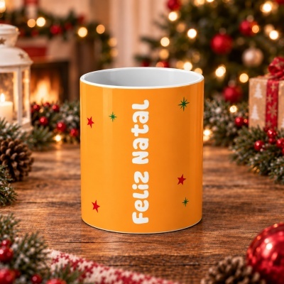 Caneca laranja com texto Feliz Natal em ambiente de Natal com lareira e árvore decorada.