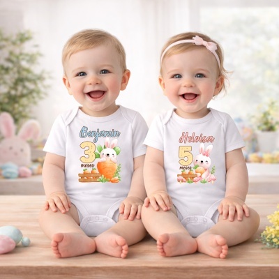 Dois bebés com bodies personalizados sentados numa superfície de madeira