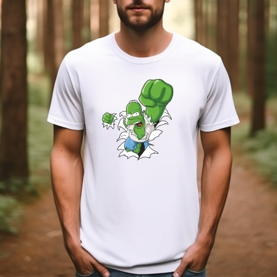 T-shirt branca com estampa de personagem verde musculoso estilo Hulk vestindo calças azuis e camisa branca rasgada.