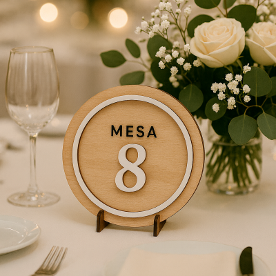 Placa de mesa número 8 em madeira com decoração de flores e loiça numa mesa posta.