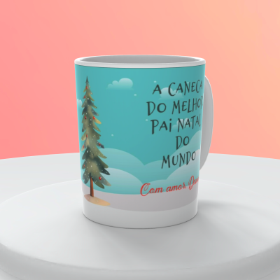 Caneca decorada com tema de Natal e texto em português.