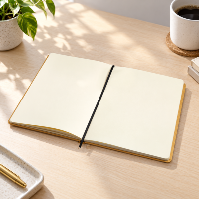 Caderno aberto com páginas em branco sobre secretária com planta, caneta dourada e chávena de café