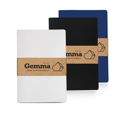 Três cadernos Gemma em branco, preto e azul com faixa de papel castanho