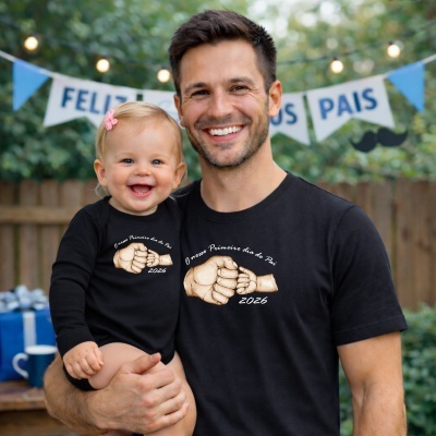 Homem e bebé com t-shirts pretas estampadas O nosso Primeiro dia do Pai 2026 em jardim festivo