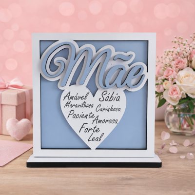 Quadro decorativo para o Dia da Mãe com palavras positivas numa moldura branca