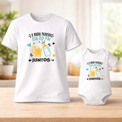 Conjunto de t-shirts branco para pai e bebé com texto e ilustrações coloridas