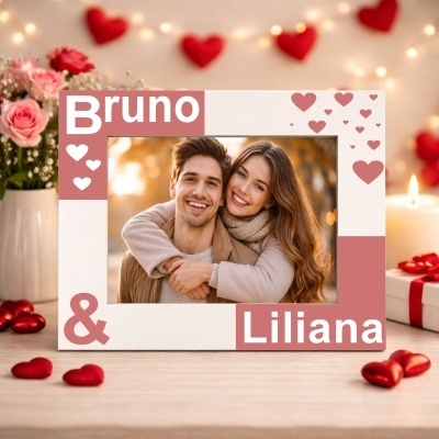 moldura branca e rosa com corações e texto Bruno & Liliana com foto casal sorridente